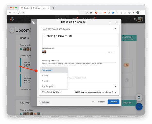 Picking privacy when scheduling a topic in Remeet